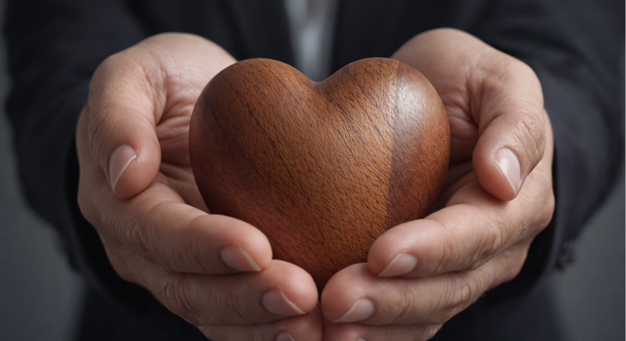 Mãos segurando um coração de madeira, em imagem que remete a cuidado, proteção e acolhimento